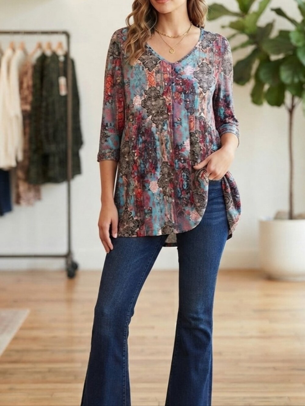 Ofeefan Boho Paisley Babydoll Tunic Top NWT Size L
